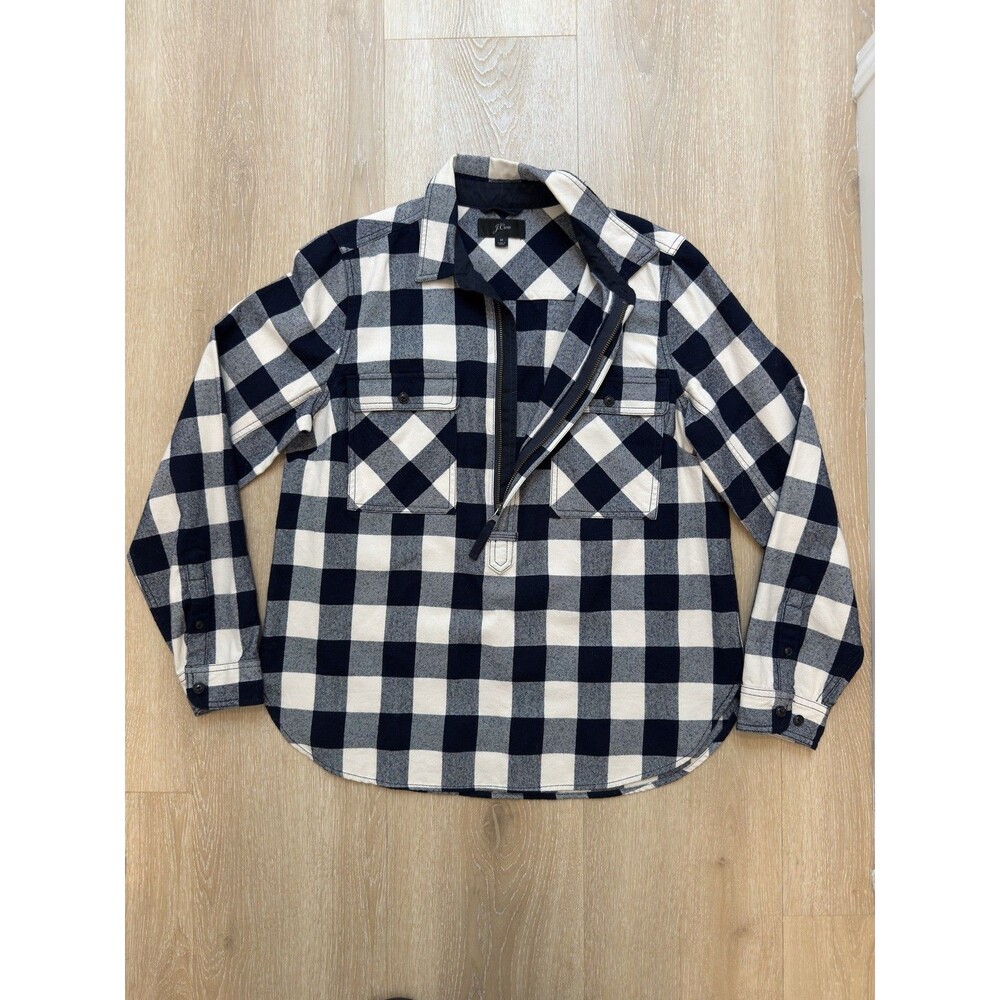 J.Crew Wool Blend Buffalo Check 1/2 Zip Popover Shirt Jacket M Plaid Shacket NVY